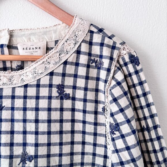 Sezane Thalyna Blouse Blue Floral Embroidery on Vichy Fabric - Picture 6 of 10